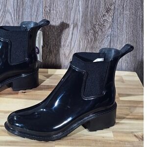 A New Day Black Glossy Chelsea Rain Boots Block Heel Women's‎ Size 6